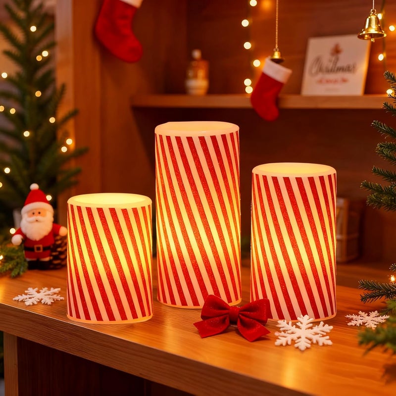 DRomance Christmas Flameless Candles Battery Operated with 6 Hour Timer, Real Wax Flickering LED Pillar Candles Candy Cane Decals Dinner Party Holiday Indoor Table Decor(3 Pack, 3" D x 4", 5", 6" H) - Image 5